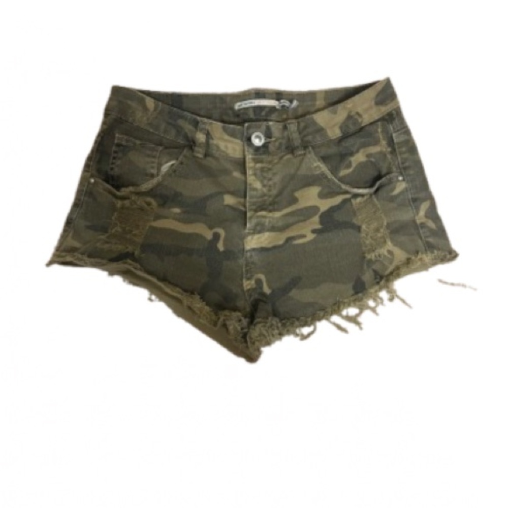 Green Distressed Jean Shorts with Camo Print